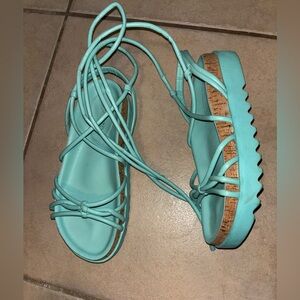 Arezzo Chunky Teal Strappy Flatform Sandals with Cork Detail